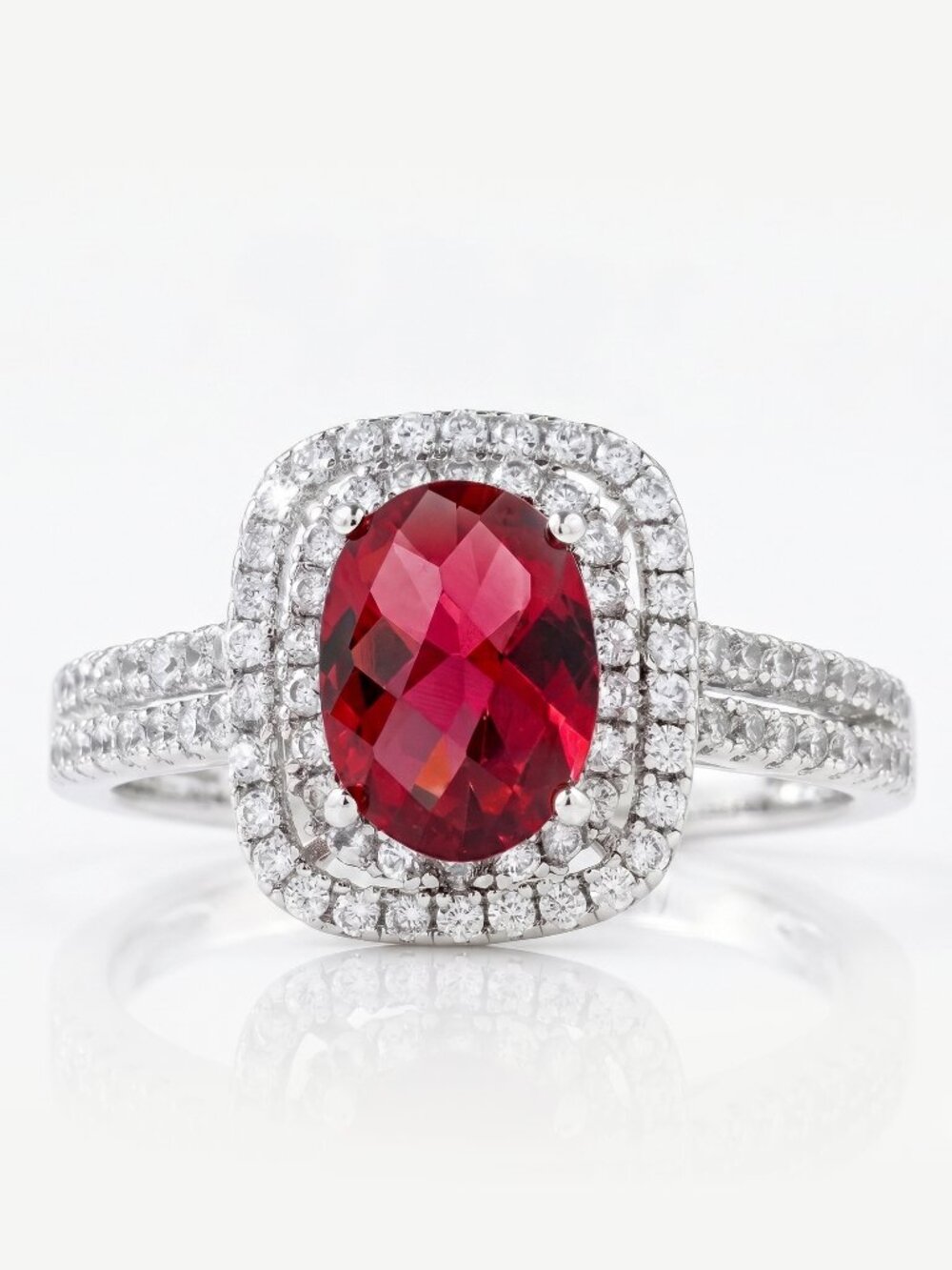 Oval Halo Red Ruby Gemstone Ring, 925 Sterling Silver